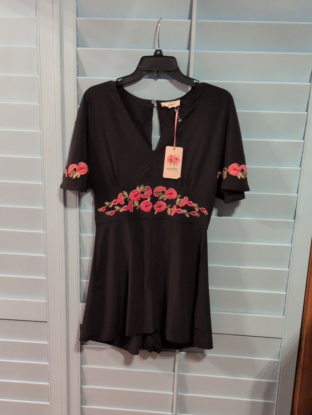 entro Black Romper with Pink Floral Embroidery